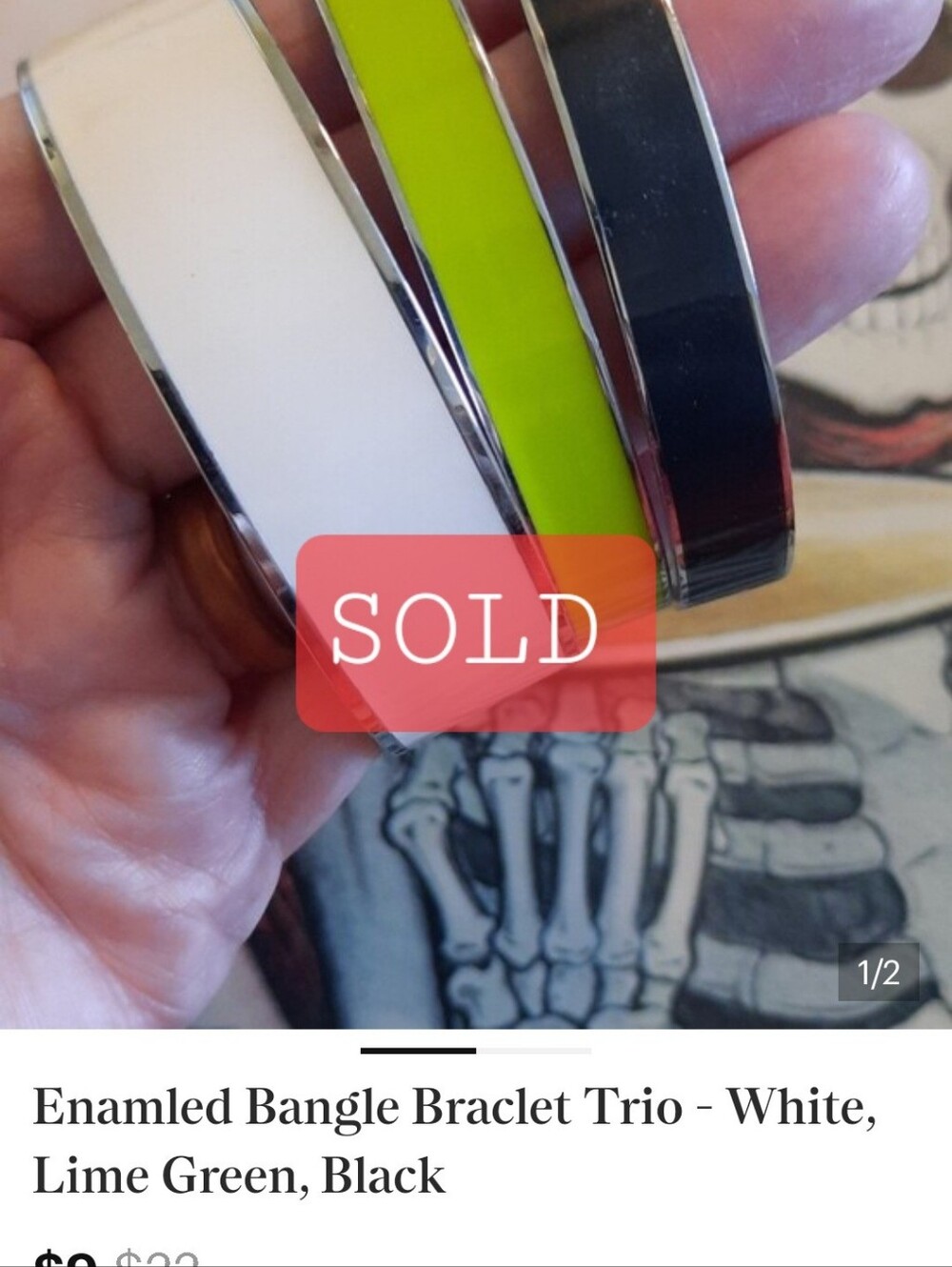 Enamled Bangle Braclet Trio - White, Lime Green, Black